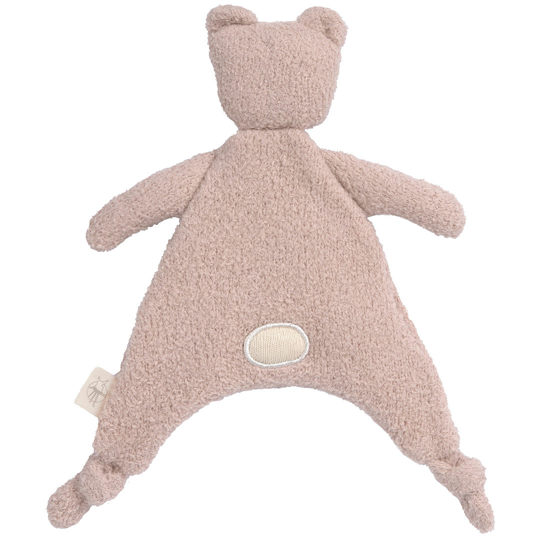 Lässig roze pluchen knuffeldoek voor baby's in de vorm van een beer, achterkant.