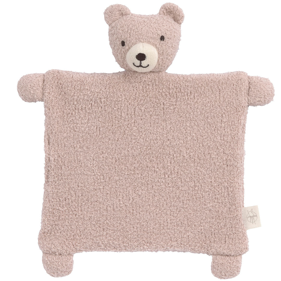 Lässig knuffeldoek voor baby's in de vorm van een beige beer, vooraanzicht.