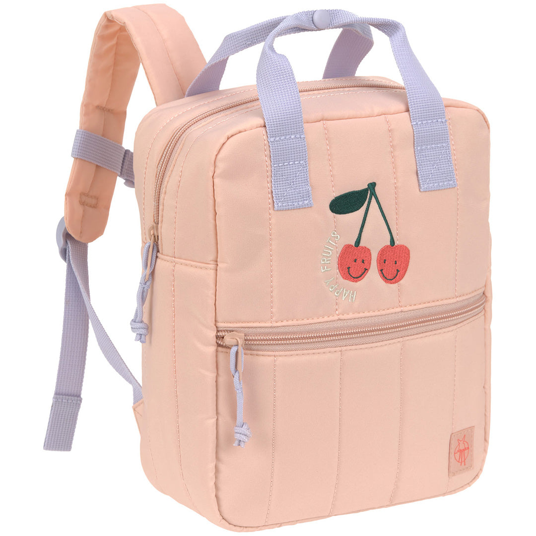 Lässig kleuterrugzak in roze met een gewatteerd patroon en een borduursel van twee kersen.