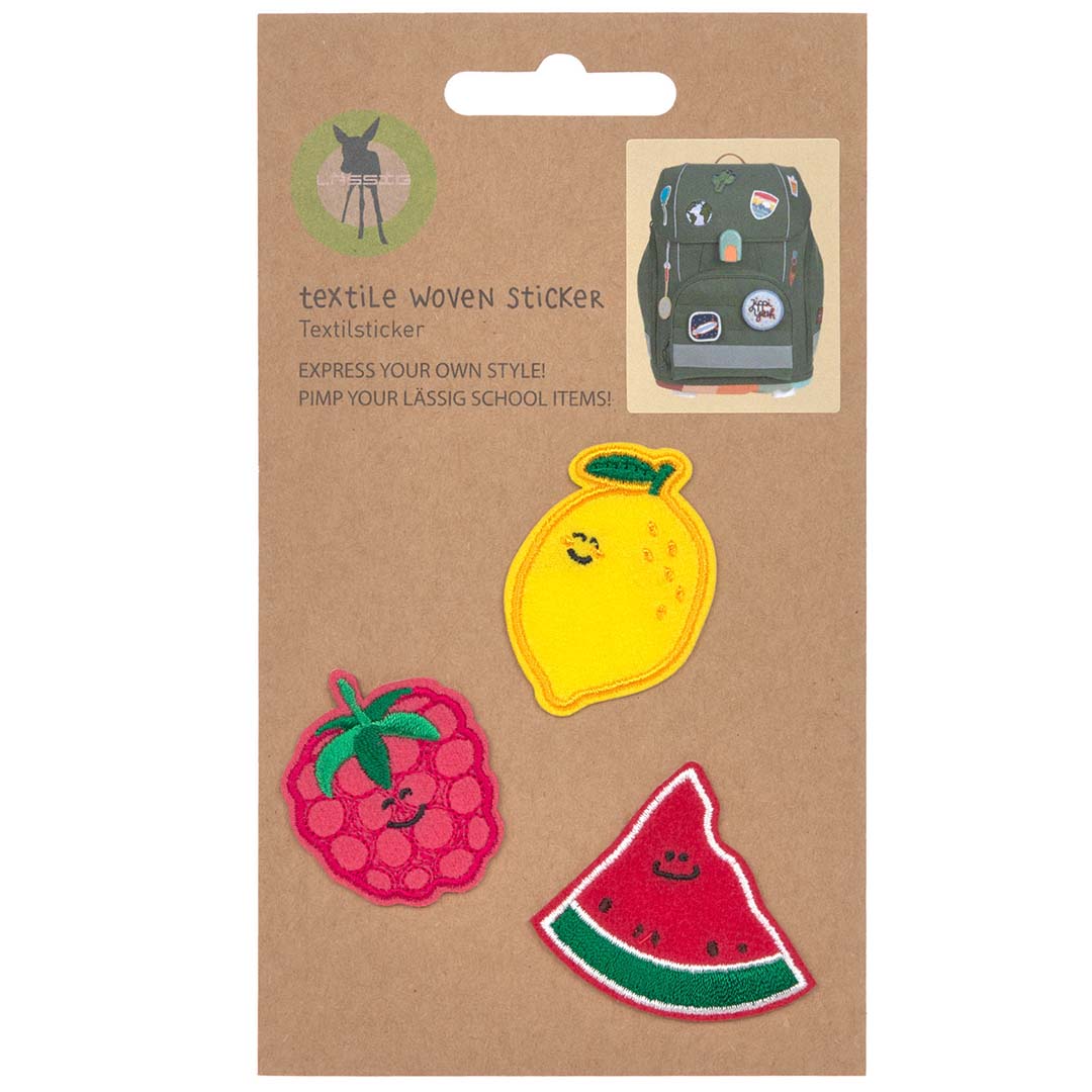 Lässig stofstickers verpakking met drie fruit-thema patches: een framboos, citroen en watermeloen.