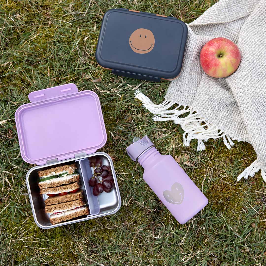 Lässig kinder drinkfles en lunchboxen op een picknickkleed in het gras met een appel.