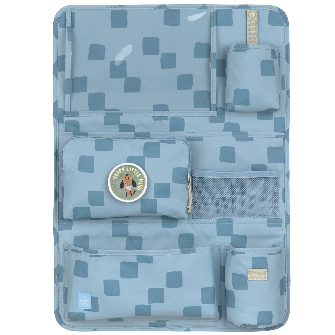 Lässig auto organizer in blauw met geometrisch patroon, leeg en van voren gezien.
