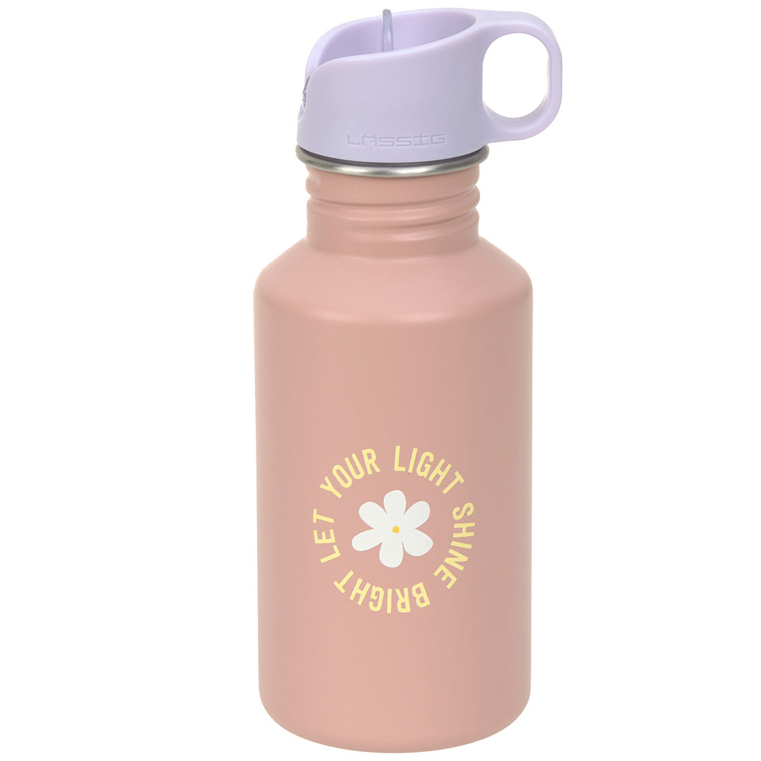 Lässig kinderdrinkfles van roestvrij staal in roze met paarse dop en bloem- en tekstprint.