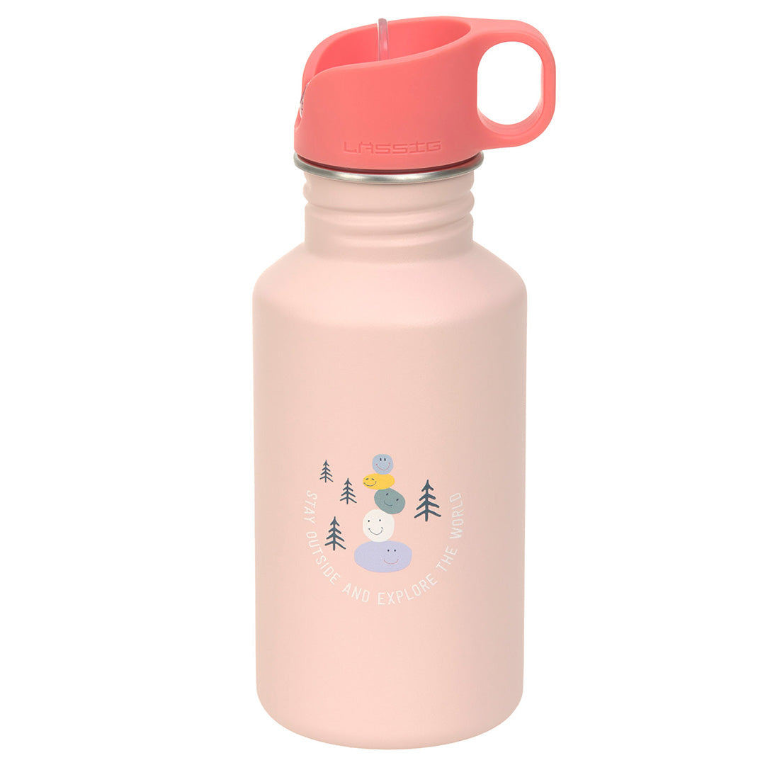 Lässig roze roestvrijstalen kinder drinkfles met een opdruk van vrolijke stenen en bomen.