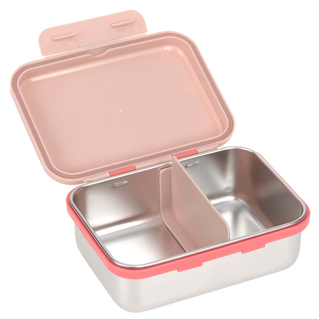 Open Lässig rvs kinderbroodtrommel met roze deksel en een uitneembaar roze tussenschot.