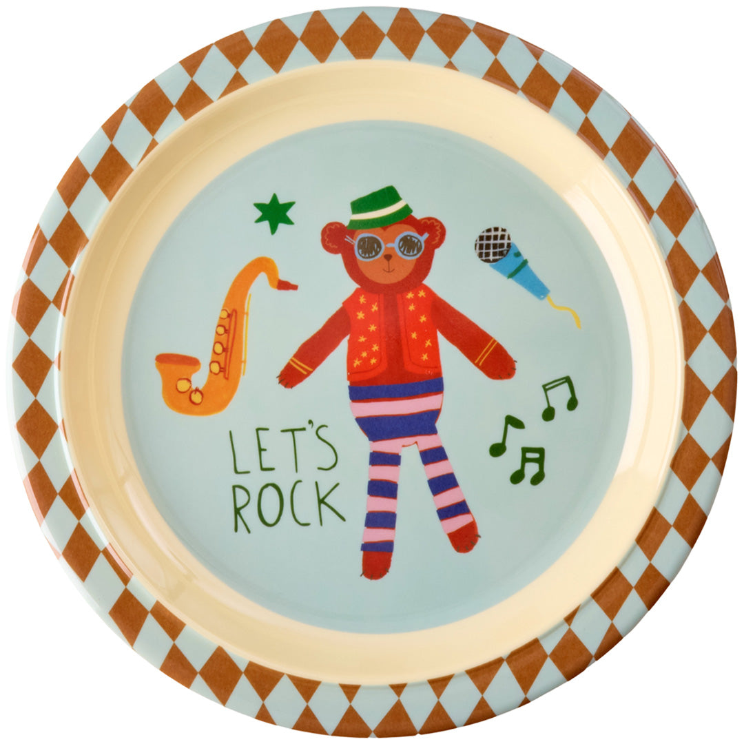 Rice rond melamine lunchbord met een rockende aap, saxofoon en microfoon op een blauwe achtergrond met ruitjesrand.