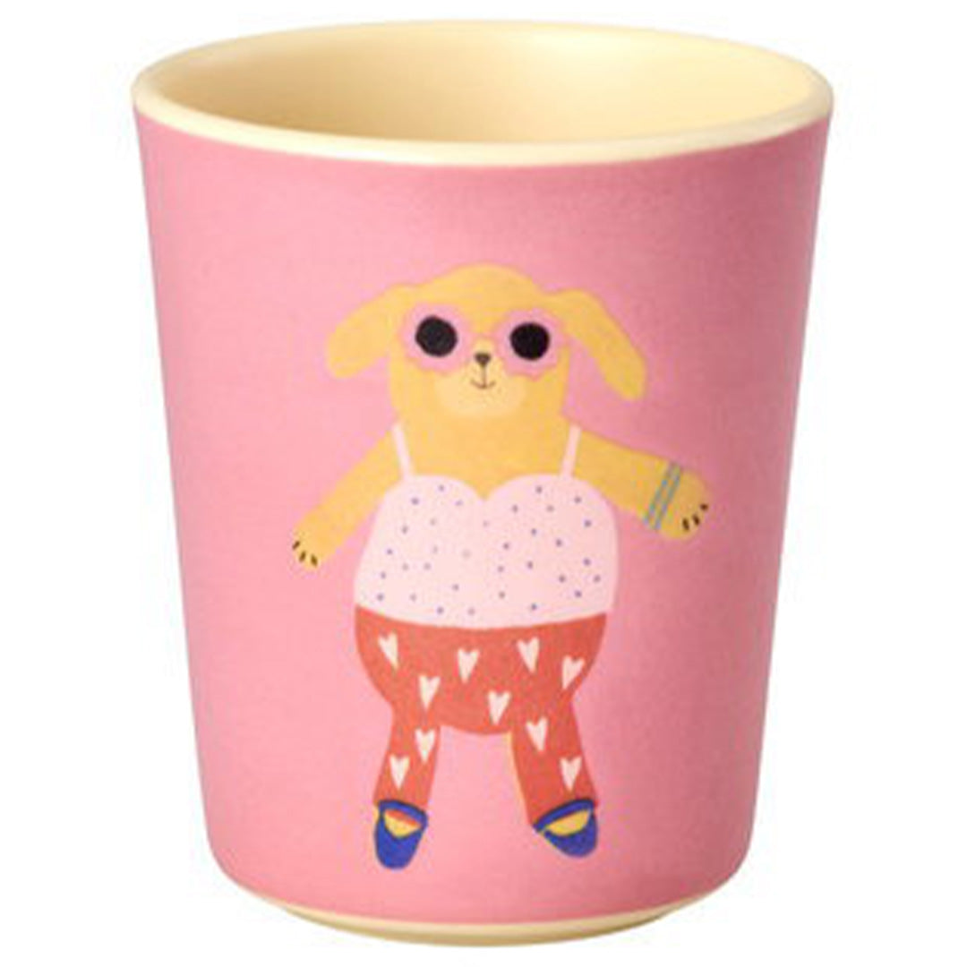 rice roze kinderbeker met een hondje in zonnebril en kleding.