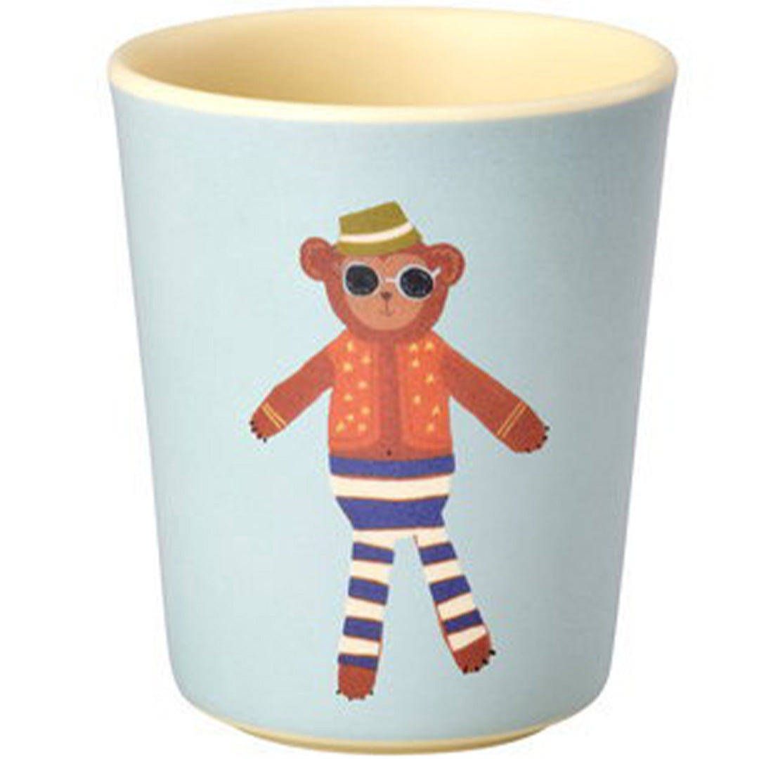Blauwe rice kinderbeker met een illustratie van een aap met zonnebril en hoed.