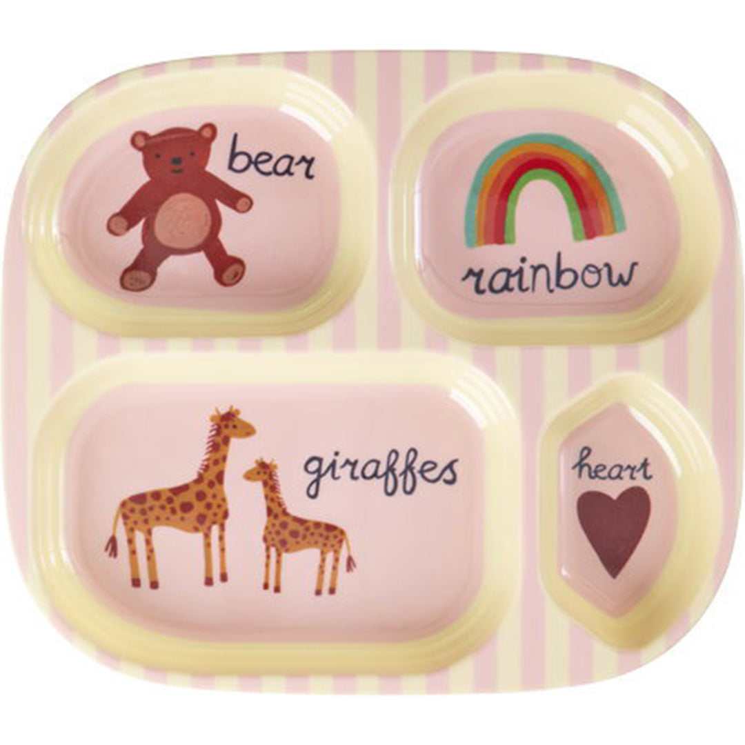 rice vakjesbord voor baby's en peuters met roze en gele strepen en illustraties van een beer, regenboog, giraffen en een hart.
