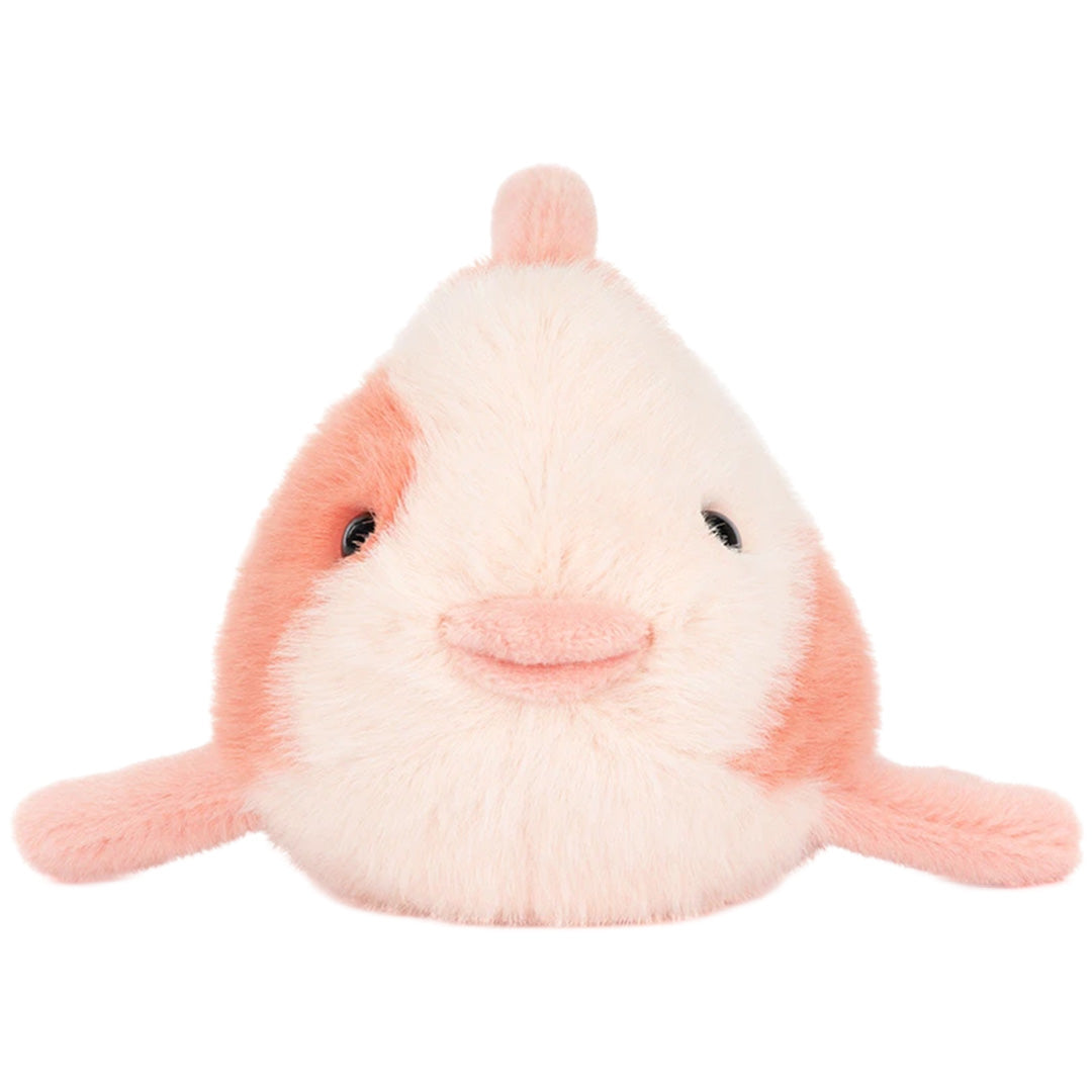 Jellycat knuffelvis Fancy Carp in roze en wit, van voren gezien.