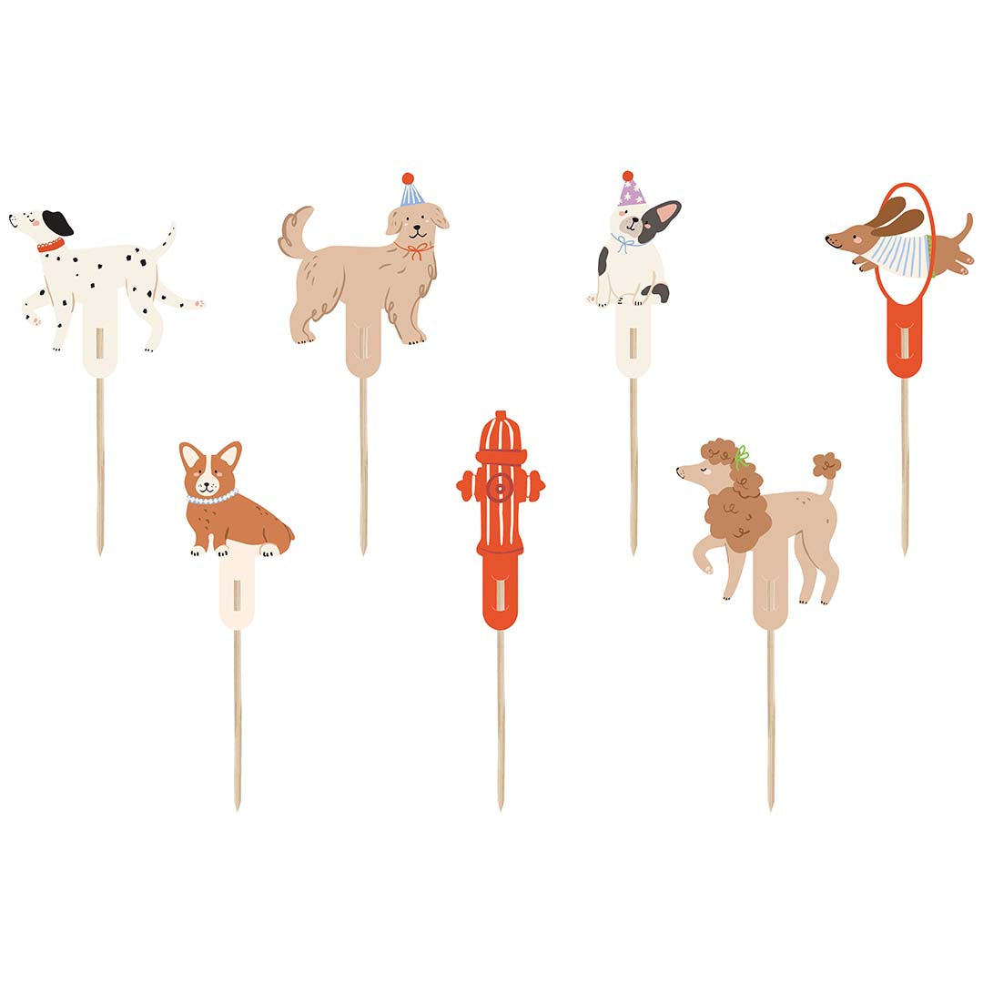 Partydeco taartversiering set met zeven honden en een brandkraan figuren.