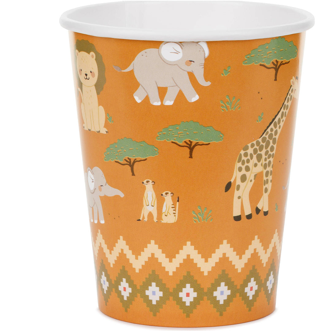 partydeco papieren feestbeker met safari-thema, inclusief leeuw, olifant en giraffe.