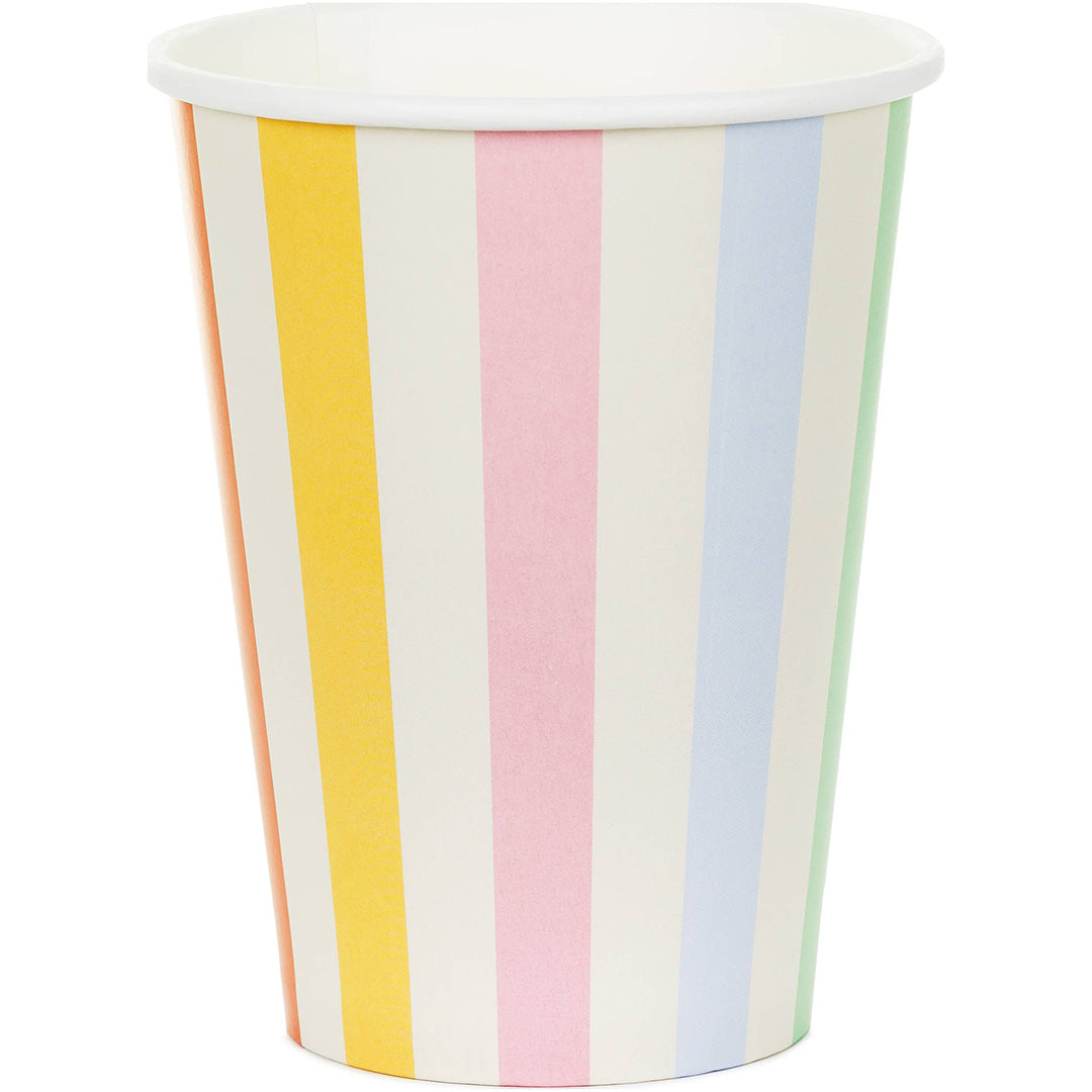 Partydeco gestreepte papieren feestbeker in pastelkleuren.