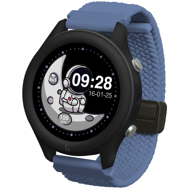 Kidywolf K-Watch interactief kinderhorloge met blauwe band en een astronaut op de maan als schermachtergrond.