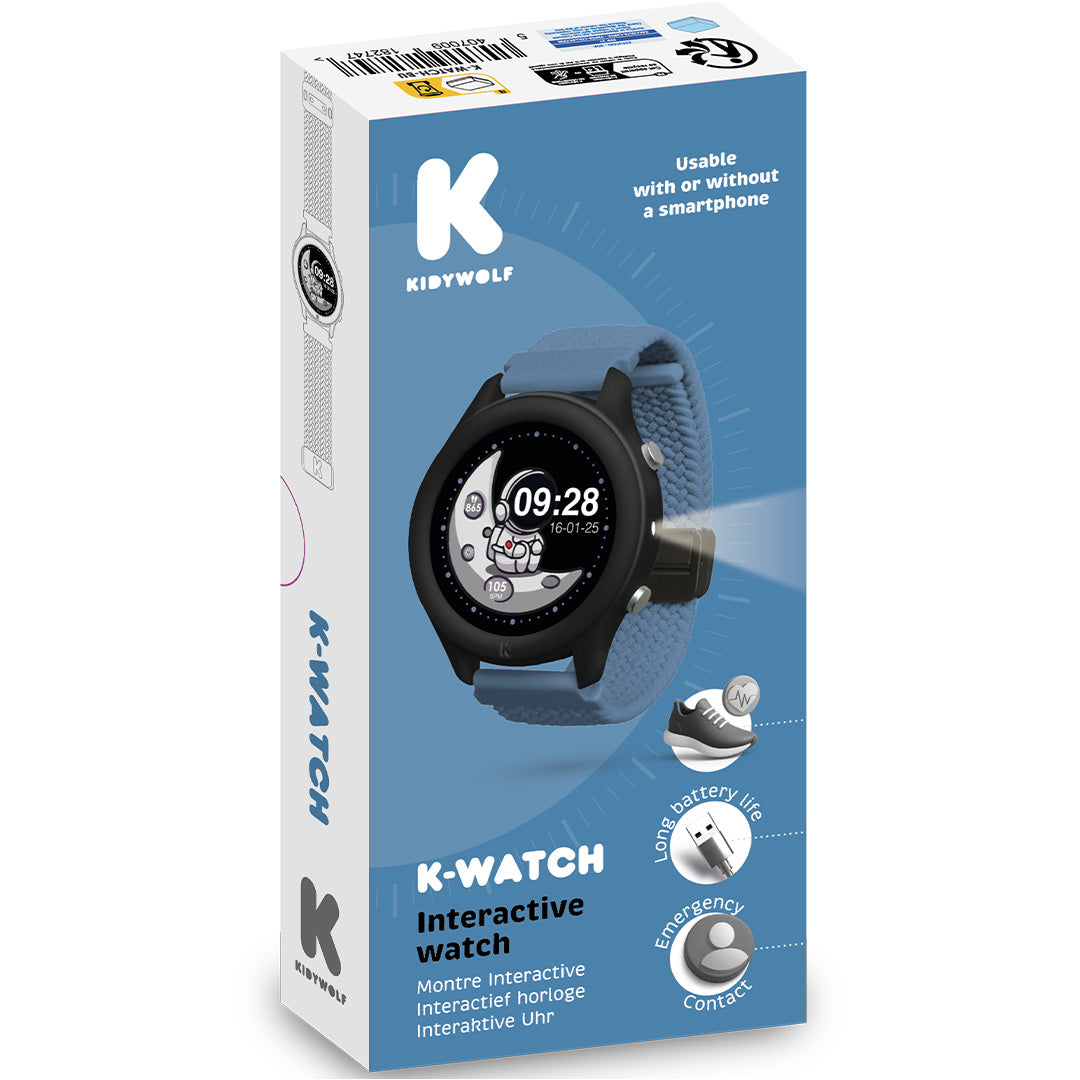 De verpakking van het Kidywolf K-Watch interactieve kinderhorloge, met de blauwe smartwatch afgebeeld.