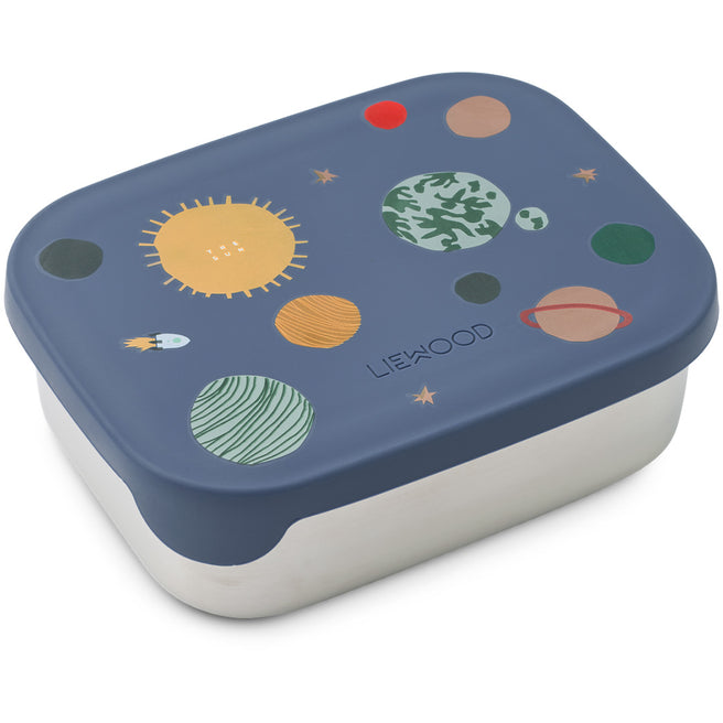 Liewood broodtrommel met donkerblauw deksel met een universumthema van planeten en een raket.