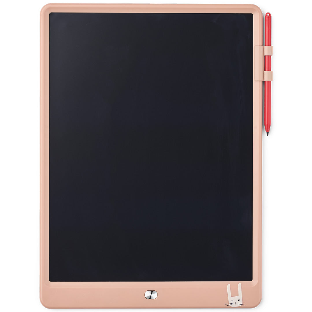 Liewood tekentablet Zora in beige met zwart scherm, rode stylus en konijnenillustratie.