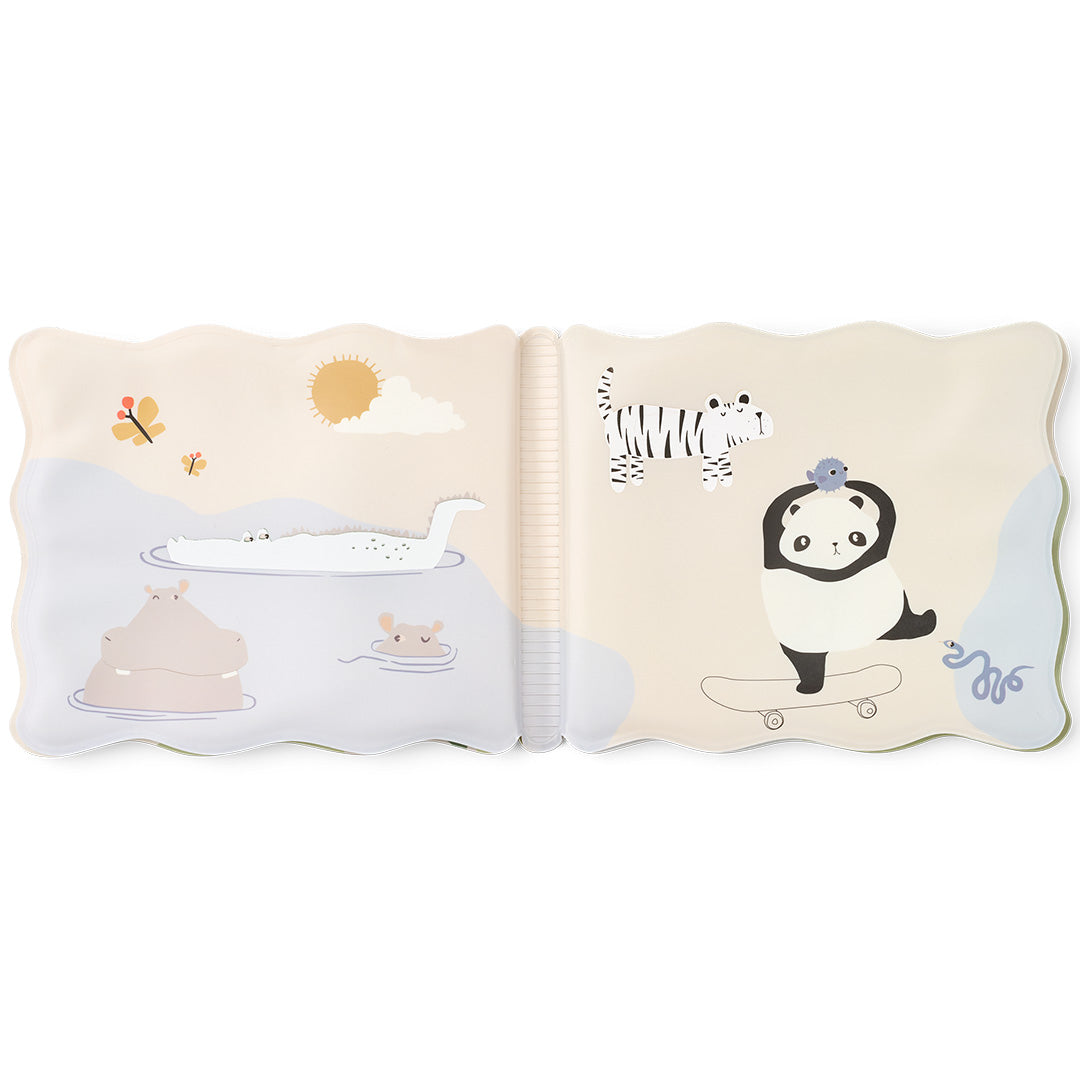 Open badboekje met illustraties van nijlpaarden, een krokodil, een tijger en een panda op een skateboard.
