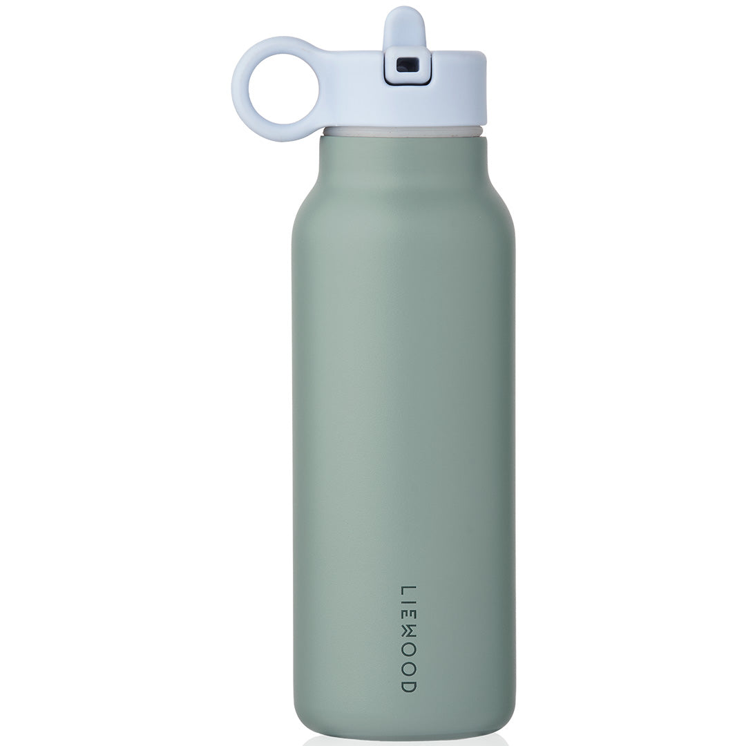 Liewood groene thermosfles met een lichtblauwe en witte flip-top dop, van voren gezien.