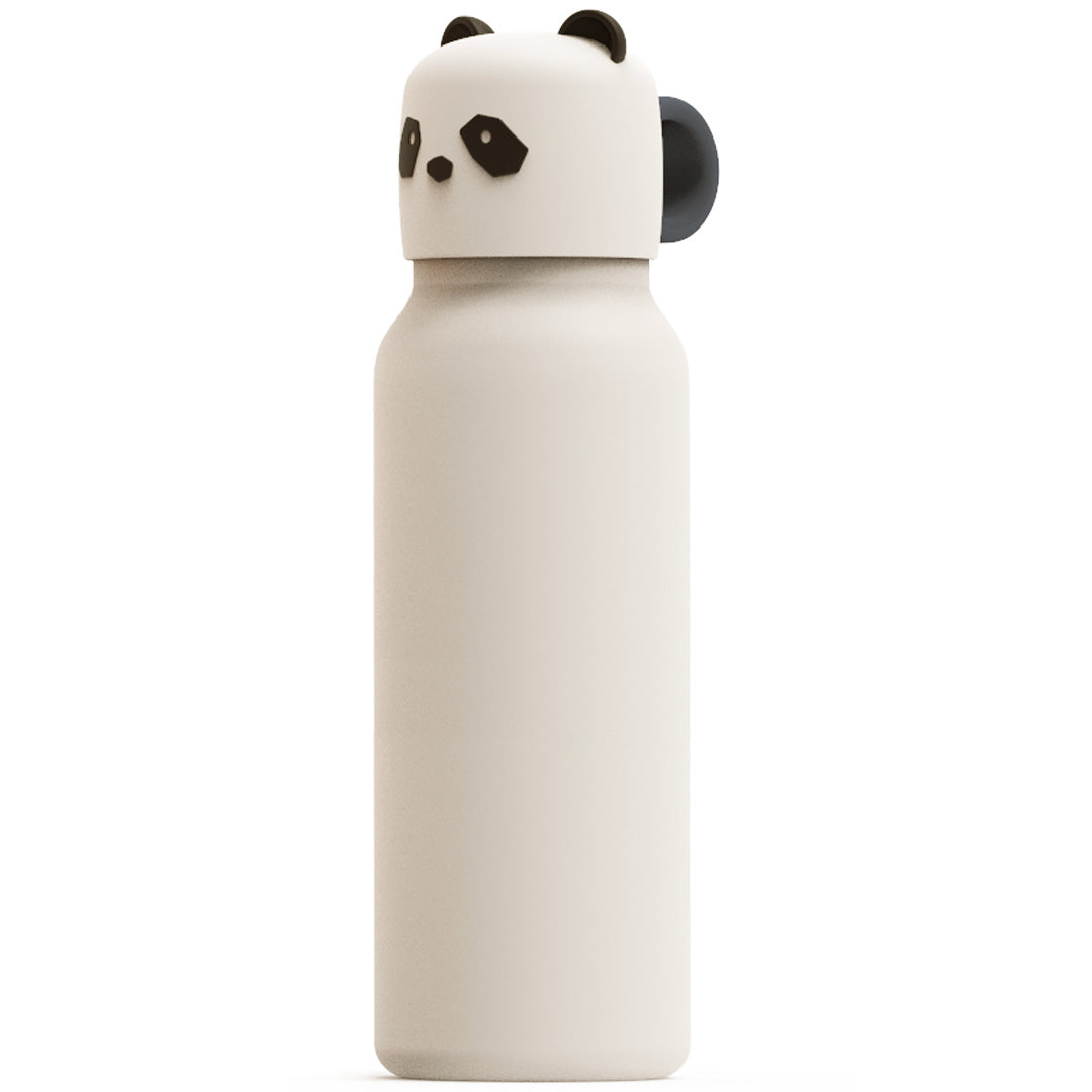 Liewood kinder thermosfles in beige met een panda hoofd als dop.