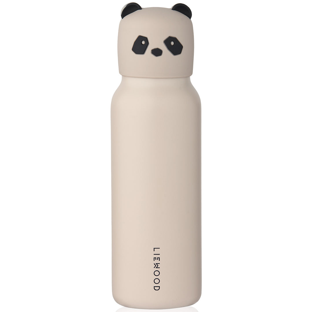 Liewood kinder thermosfles in beige met een panda hoofd als dop.