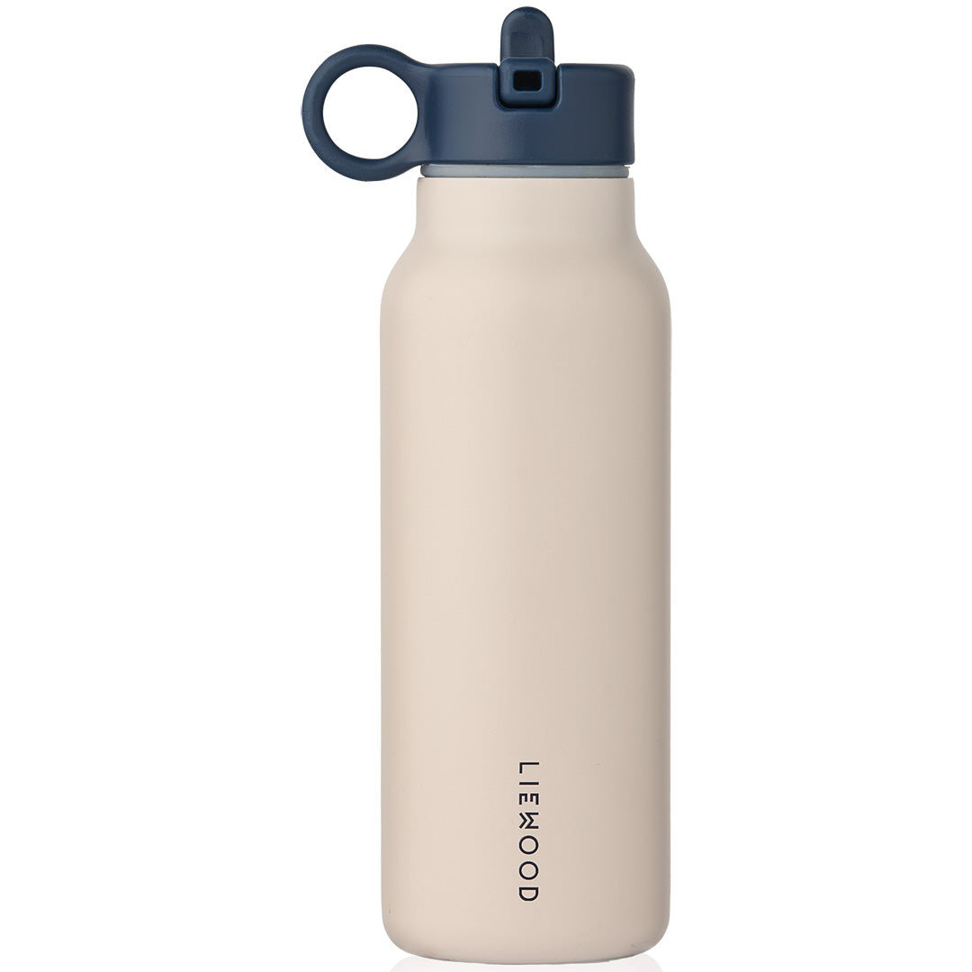 Liewood kinder thermosfles in beige met een donkerblauwe drinkdop.