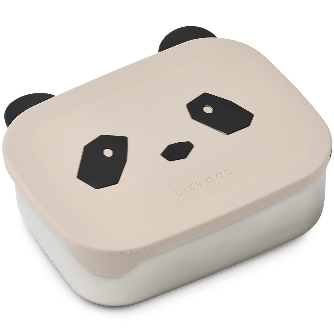 Liewood broodtrommel met beige deksel en zwart panda gezicht.