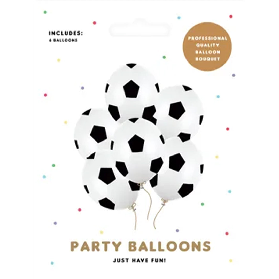 Partydeco verpakking van zes voetbalballonnen met de tekst 'Party Balloons'.