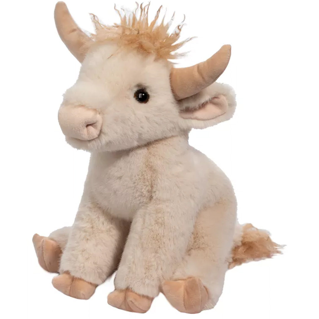 Douglas Toys beige pluchen Schotse Hooglander knuffelkoe zittend.