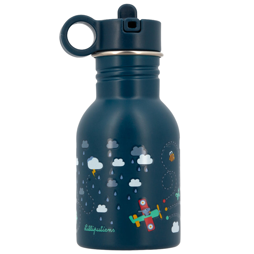 Lilliputiens rvs drinkfles voor kinderen in marineblauw met een patroon van wolken, regen en een vliegtuig.