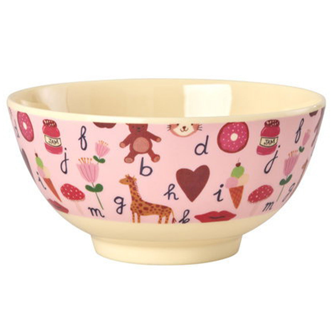 rice kinderkom met roze ABC- en dierenpatroon