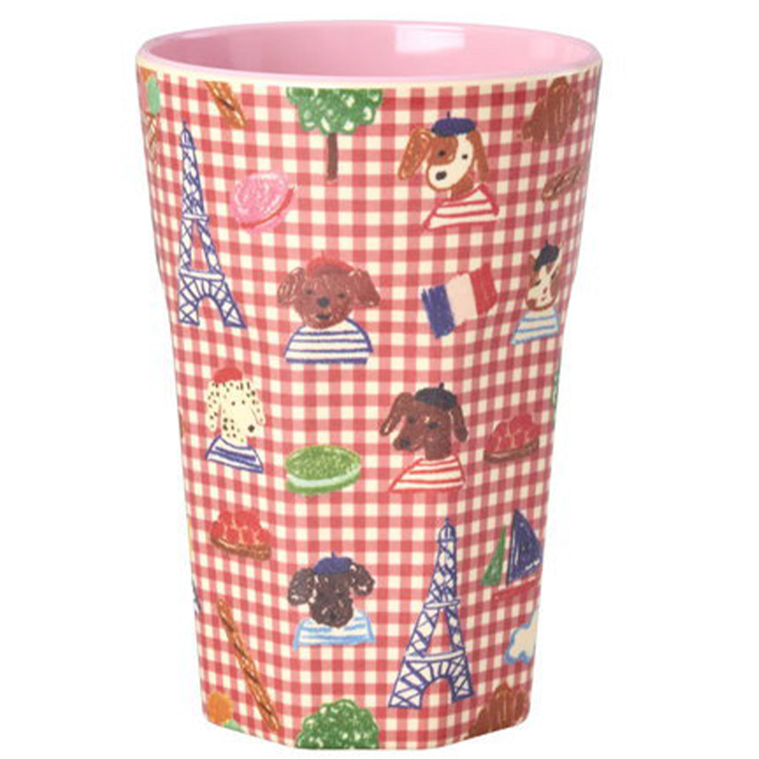 rice kinderbeker met rood-wit geruit patroon en Parijs-thema met honden en de Eiffeltoren.