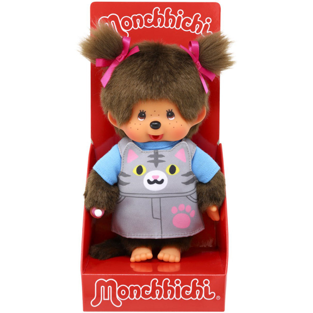 Monchhichi pop meisje met poes-thema jurk in de rode verpakking.