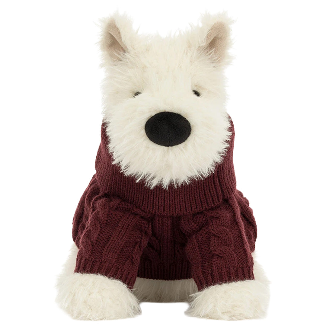 Jellycat knuffelhond Munro Scottie Dog met een donkerrode gebreide wintertrui, recht van voren gezien.