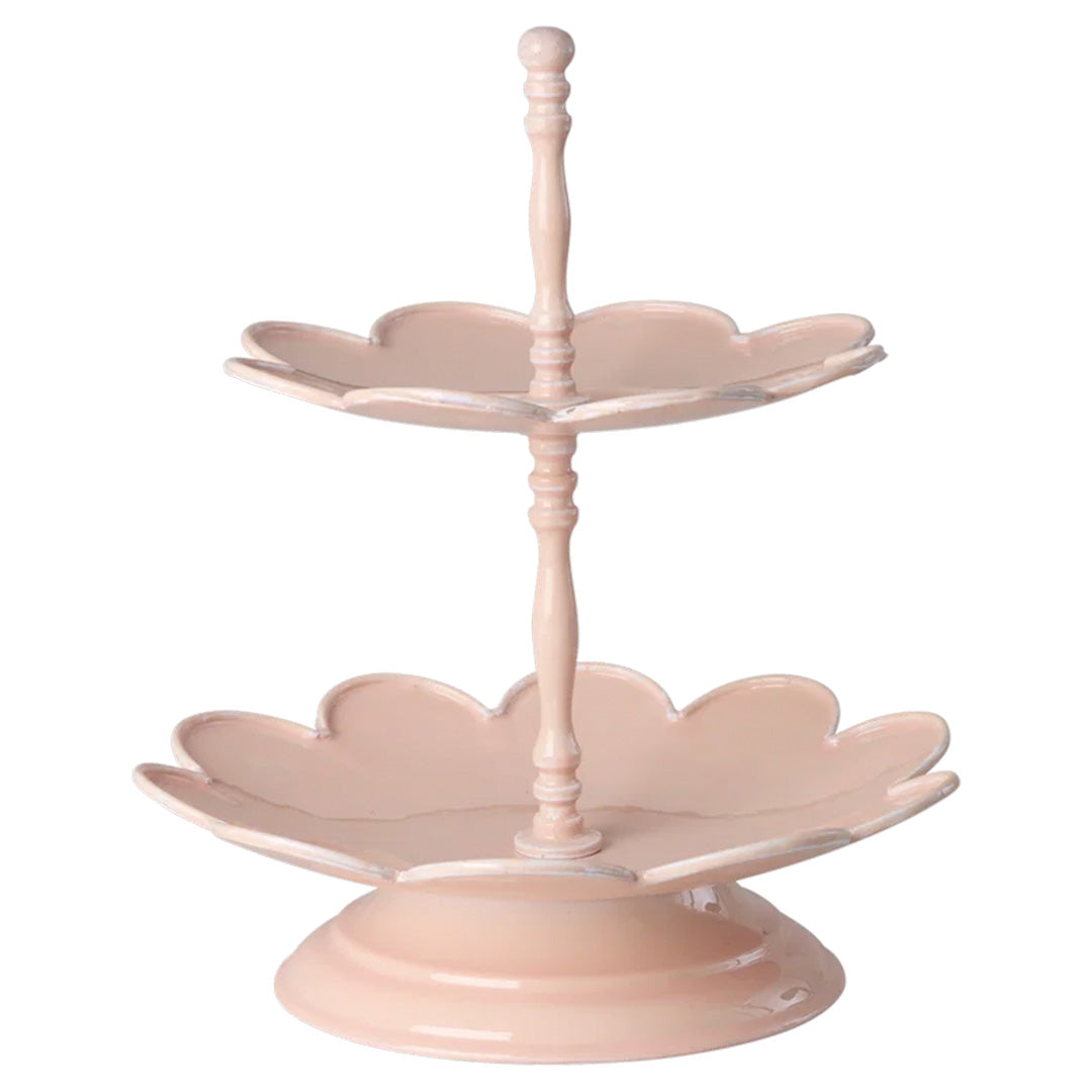 Roze metalen rice etagère met twee bloemvormige lagen.