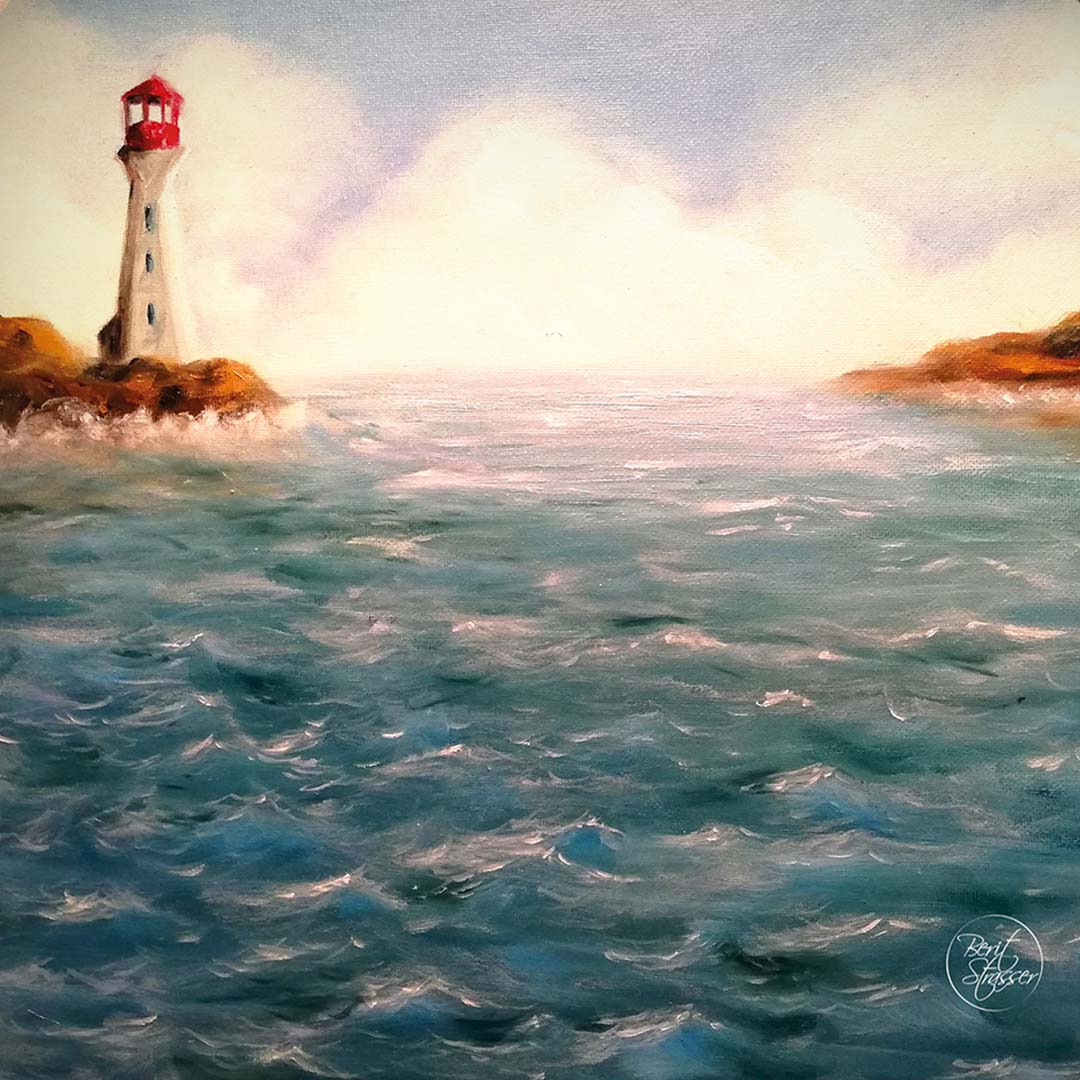 Schilderij van een vuurtoren op een rotsachtige kust met een woelige zee en een lichte horizon.