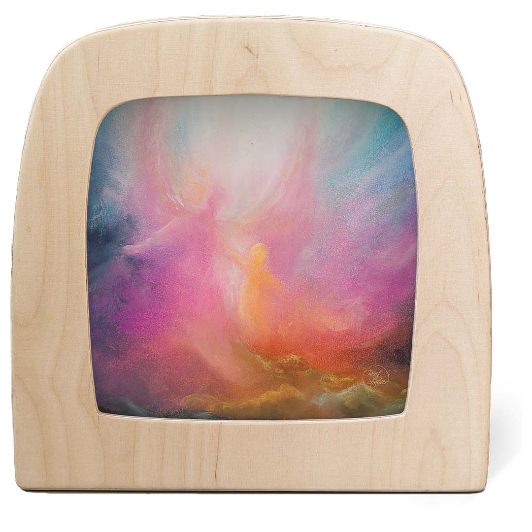 De toverlux toverplaat 'lichtvonk' in een houten lijst, met een abstracte, veelkleurige afbeelding van lichtfiguren.