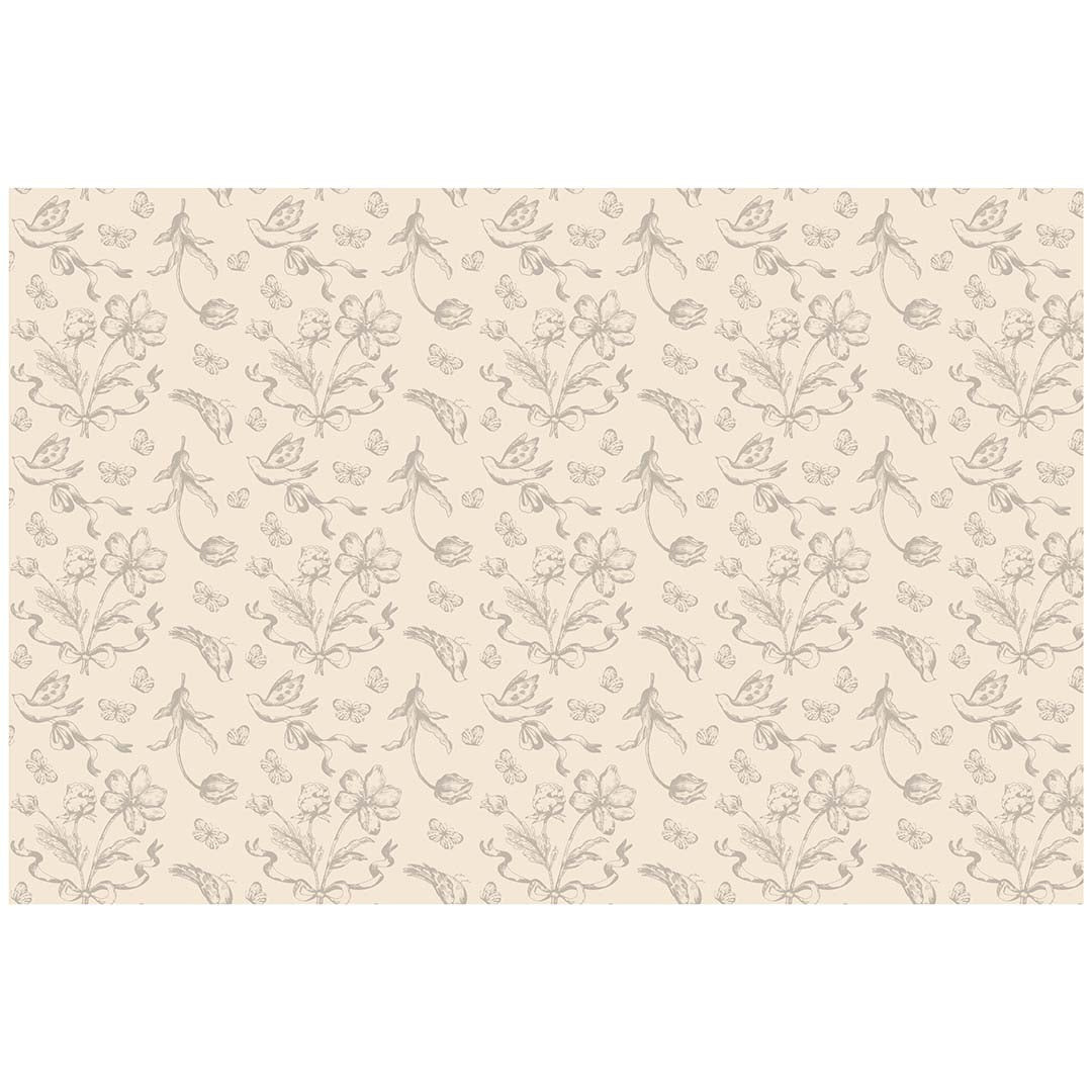 Detail van het PartyDeco tafelkleed met een beige patroon van bloemen, vogels en vlinders.