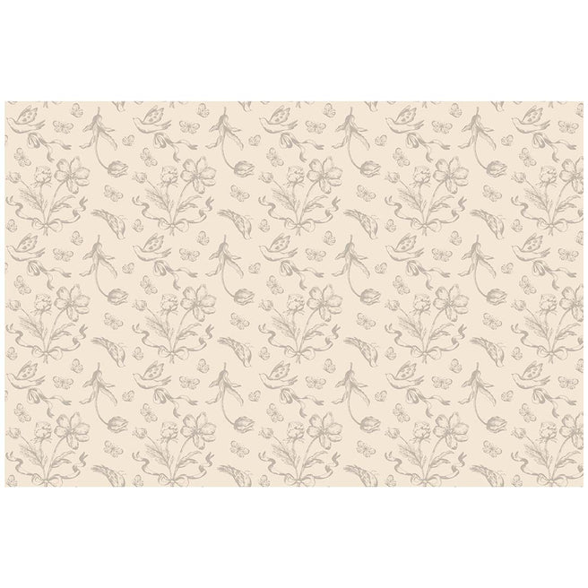 Detail van het PartyDeco tafelkleed met een beige patroon van bloemen, vogels en vlinders.