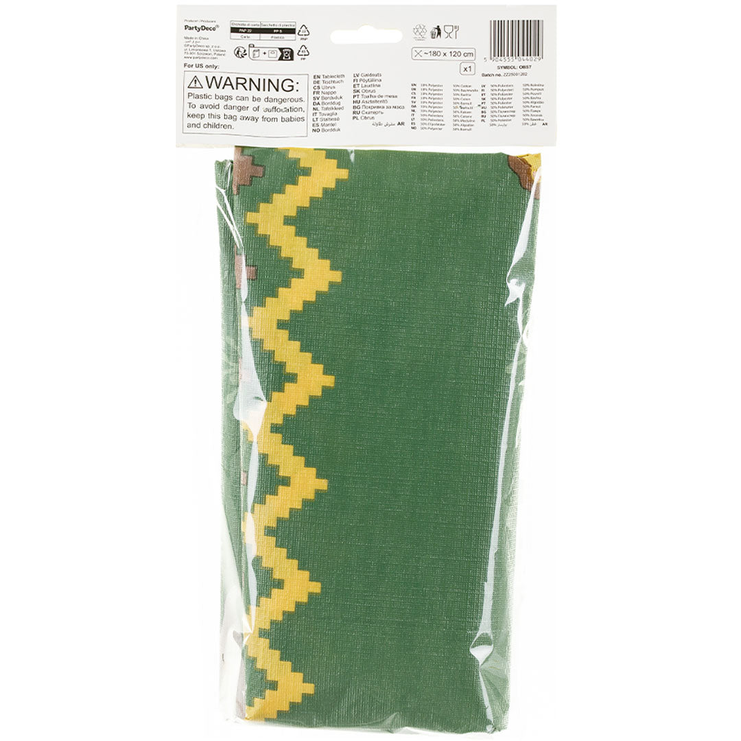 Achterkant van de PartyDeco verpakking van het groene safari tafelkleed met productinformatie.