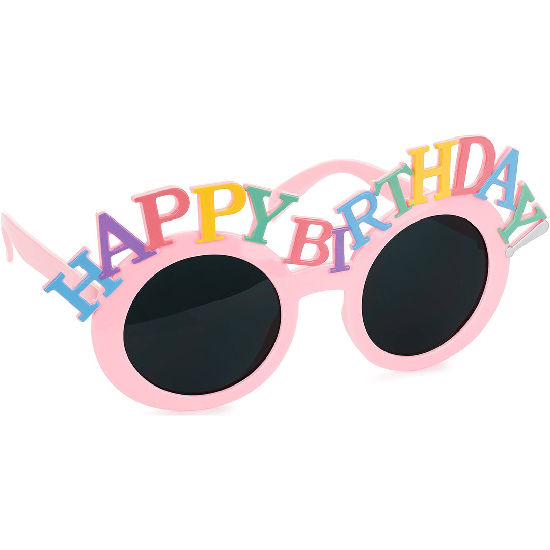 PartyDeco roze feestbril met kleurrijke 'Happy Birthday' letters.