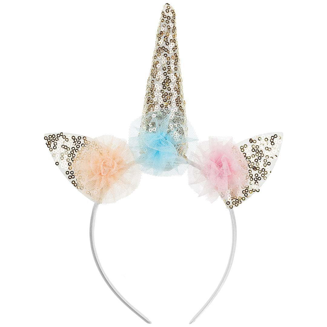 Partydeco eenhoorn diadeem voor kinderen met gouden glitters en roze en blauwe tule bloemen.