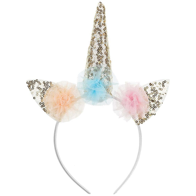 Partydeco eenhoorn diadeem voor kinderen met gouden glitters en roze en blauwe tule bloemen.