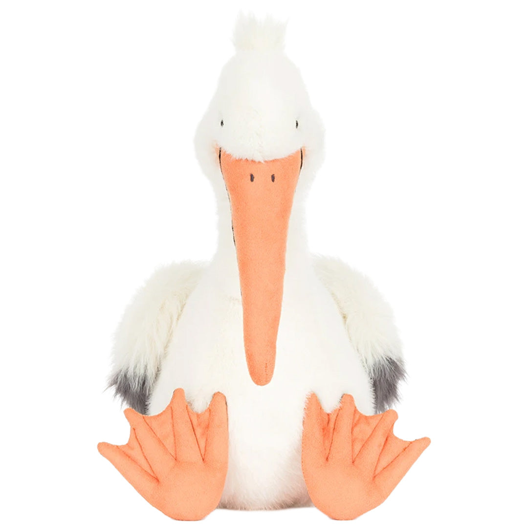 Jellycat pluchen pelikaan knuffel, recht van voren gefotografeerd.