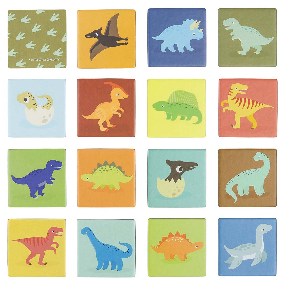 Een overzicht van zestien verschillende A Little Lovely Company Little Dinosaurs memory kaarten met diverse dinosaurussen.