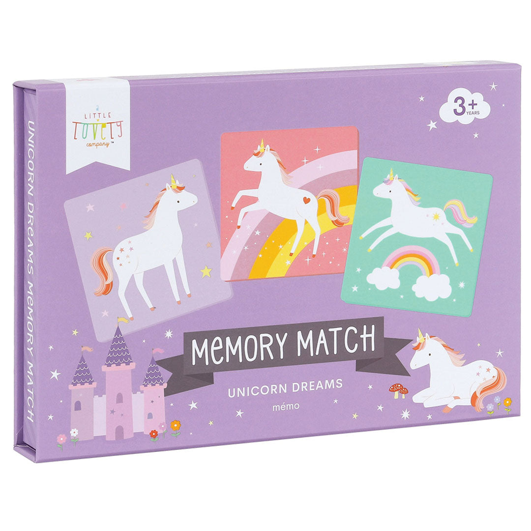 De paarse verpakking van het A Little Lovely Company Unicorn Dreams memory spel met afbeeldingen van eenhoorns en regenbogen.
