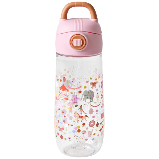 rice kinder drinkfles met roze dop en kleurrijke kermisfiguren.