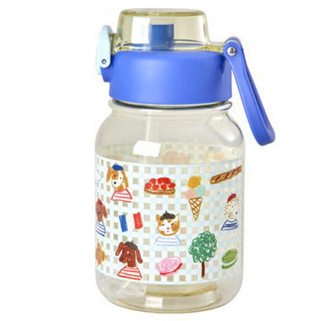 Rice kinder drinkfles met blauwe dop en Parijs-thema illustraties van dieren en Franse lekkernijen.