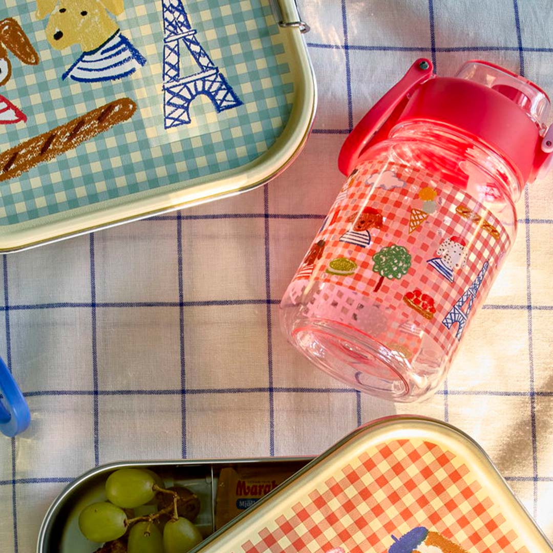 Rice kinderdrinkfles met Parijs-thema figuren en geruit patroon, liggend op een geruite ondergrond naast een bijpassende lunchbox.