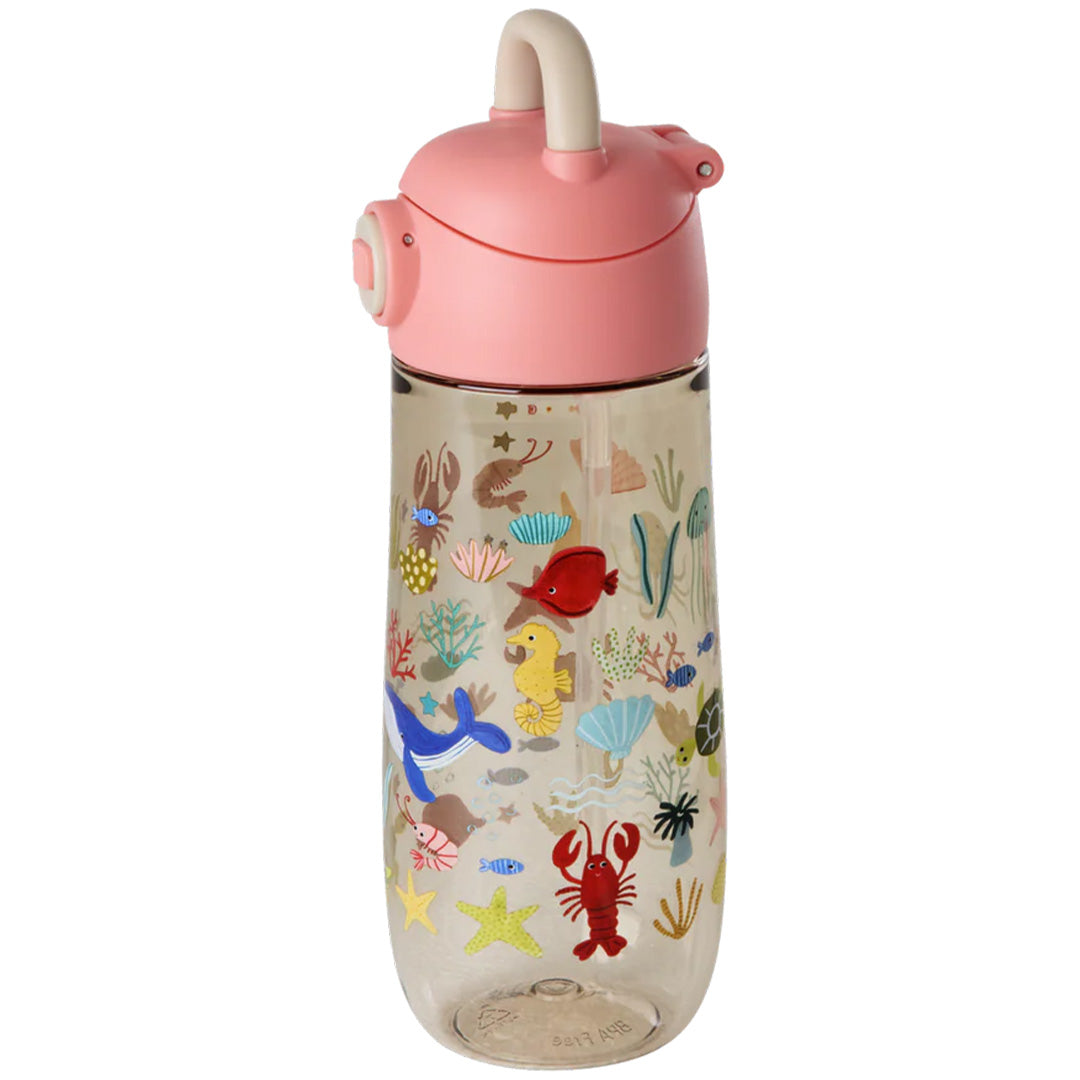 Rice kinderdrinkfles met roze dop en kleurrijke onderwaterwereld print.